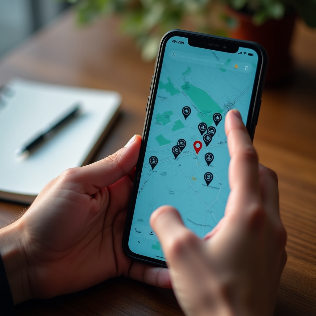 Mobilní telefon zobrazující lokální mapové výsledky vyhledávání realitních kanceláří