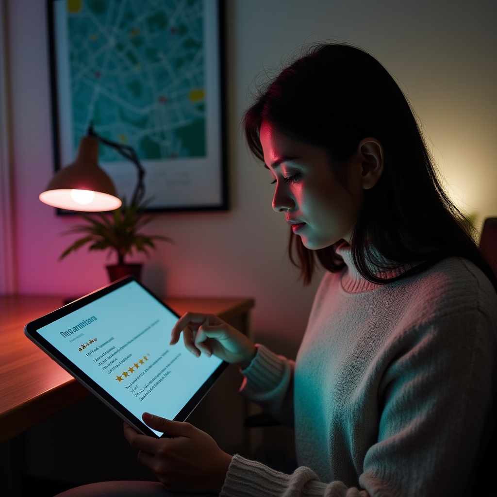 Realitní makléřka prochází recenze klientů na tabletu v kanceláři